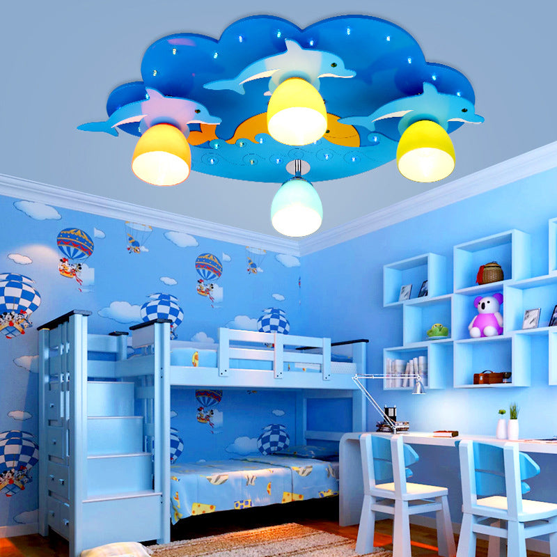 Nautical Style Sea Ceiling Light with Dolphin 4 Lights Wood Flush Mount Light in Blue for Kindergarten Blue Clearhalo 'Ceiling Lights' 'Close To Ceiling Lights' 'Close to ceiling' 'Flush mount' Lighting' 181101