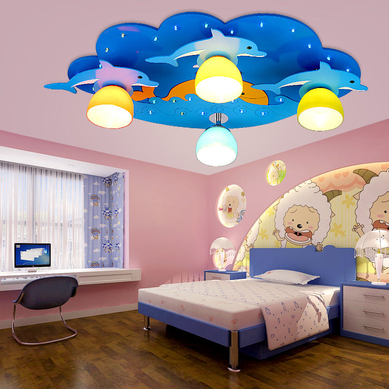 Nautical Style Sea Ceiling Light with Dolphin 4 Lights Wood Flush Mount Light in Blue for Kindergarten Clearhalo 'Ceiling Lights' 'Close To Ceiling Lights' 'Close to ceiling' 'Flush mount' Lighting' 181102