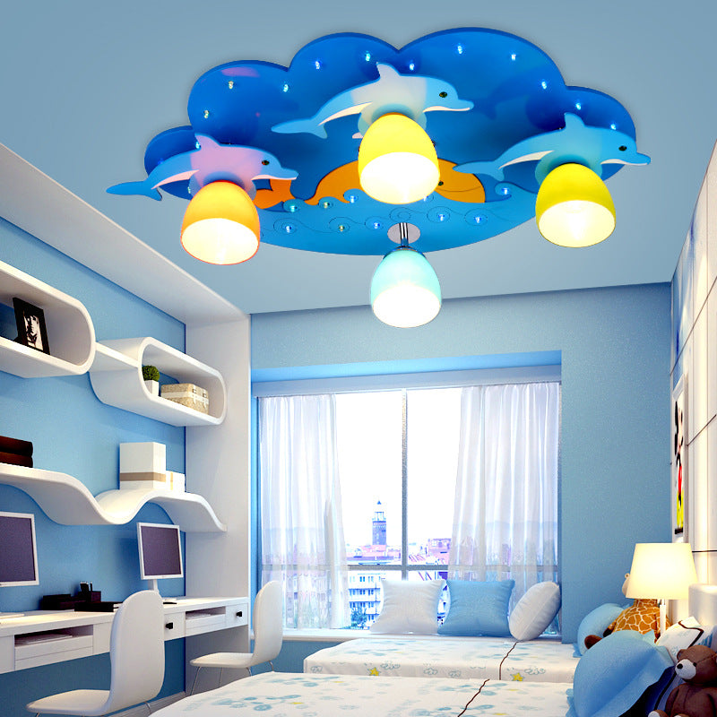 Nautical Style Sea Ceiling Light with Dolphin 4 Lights Wood Flush Mount Light in Blue for Kindergarten Clearhalo 'Ceiling Lights' 'Close To Ceiling Lights' 'Close to ceiling' 'Flush mount' Lighting' 181103