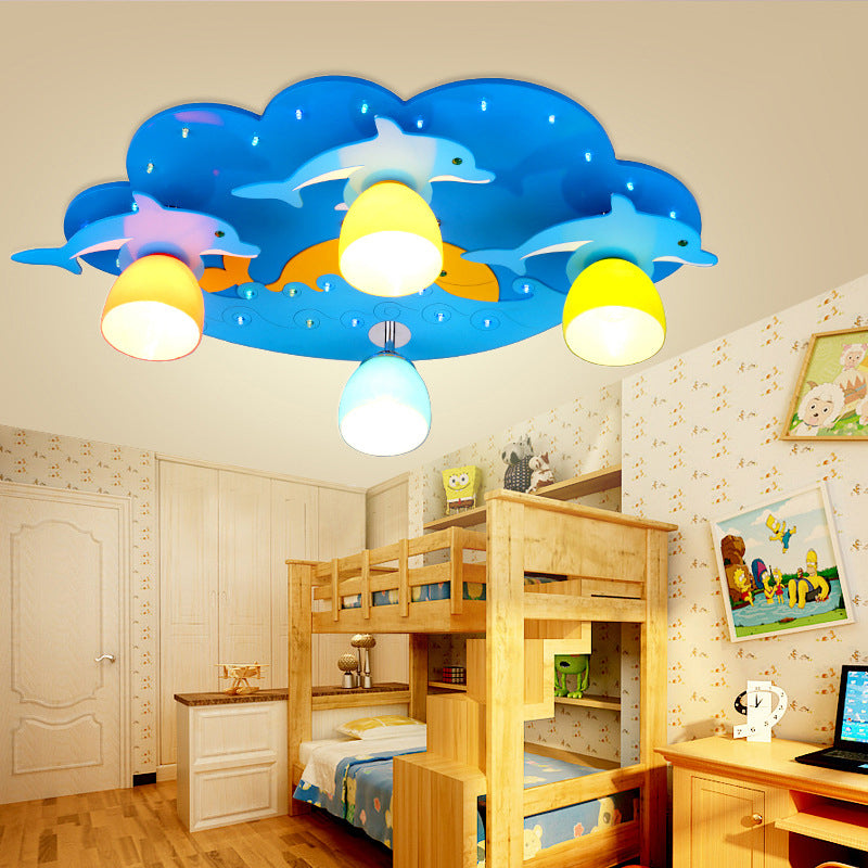 Nautical Style Sea Ceiling Light with Dolphin 4 Lights Wood Flush Mount Light in Blue for Kindergarten Clearhalo 'Ceiling Lights' 'Close To Ceiling Lights' 'Close to ceiling' 'Flush mount' Lighting' 181104