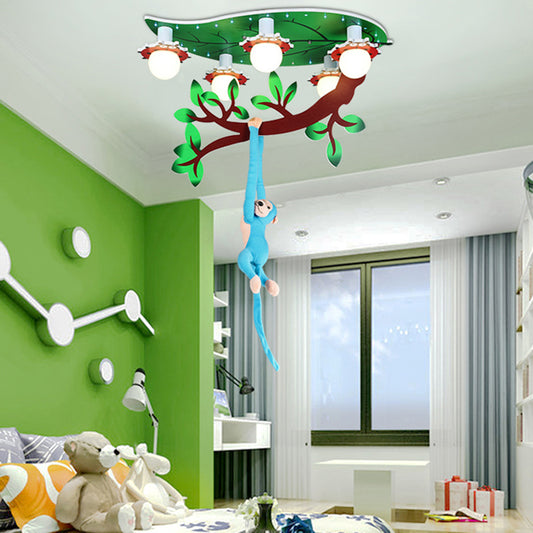 Nursing Room Branch Ceiling Fixture with Hanging Monkey Wood 4 Lights Green Ceiling Mount Light Green Clearhalo 'Ceiling Lights' 'Close To Ceiling Lights' 'Close to ceiling' 'Flush mount' Lighting' 181108