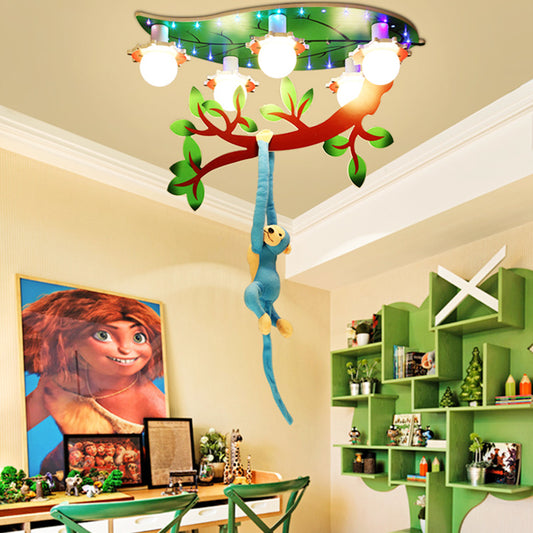 Nursing Room Branch Ceiling Fixture with Hanging Monkey Wood 4 Lights Green Ceiling Mount Light Clearhalo 'Ceiling Lights' 'Close To Ceiling Lights' 'Close to ceiling' 'Flush mount' Lighting' 181109