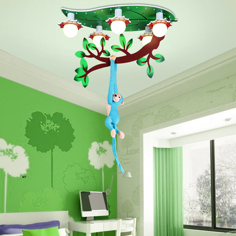 Nursing Room Branch Ceiling Fixture with Hanging Monkey Wood 4 Lights Green Ceiling Mount Light Clearhalo 'Ceiling Lights' 'Close To Ceiling Lights' 'Close to ceiling' 'Flush mount' Lighting' 181110