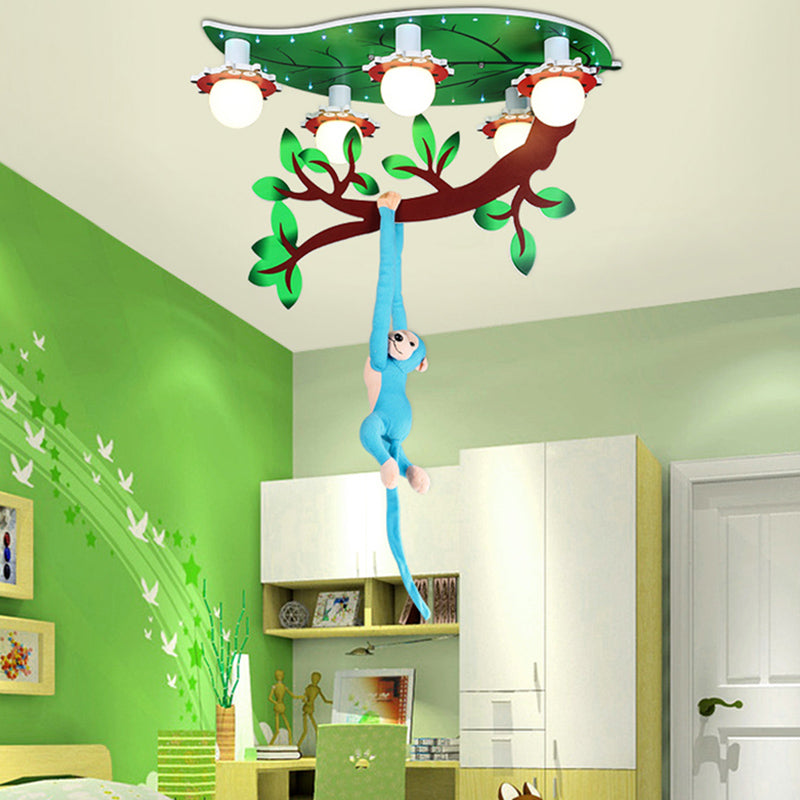 Nursing Room Branch Ceiling Fixture with Hanging Monkey Wood 4 Lights Green Ceiling Mount Light Clearhalo 'Ceiling Lights' 'Close To Ceiling Lights' 'Close to ceiling' 'Flush mount' Lighting' 181111