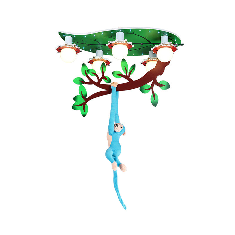 Nursing Room Branch Ceiling Fixture with Hanging Monkey Wood 4 Lights Green Ceiling Mount Light Clearhalo 'Ceiling Lights' 'Close To Ceiling Lights' 'Close to ceiling' 'Flush mount' Lighting' 181112