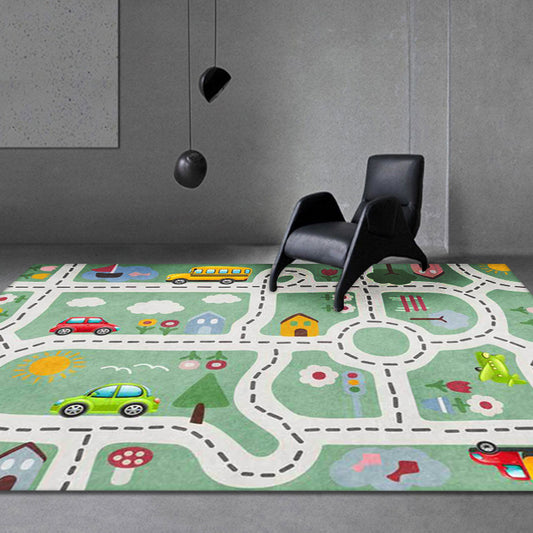 Kids Road Pattern Rug with Car Green Polyester Rug Non-Slip Pet Friendly Washable Are Rug for child's room Clearhalo 'Area Rug' 'Rug' 1811499