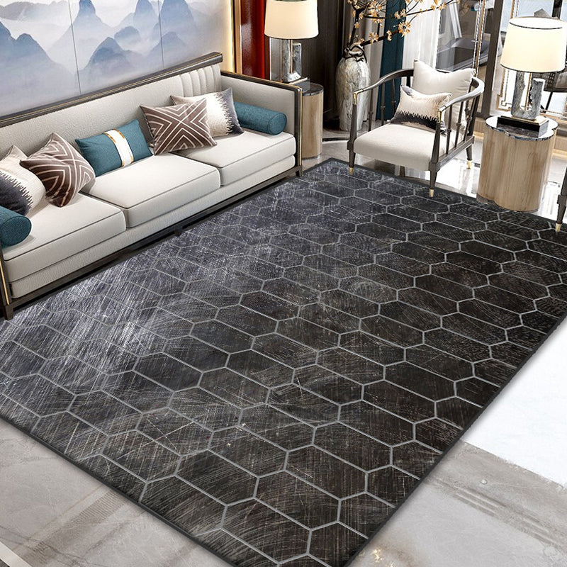 Grey Living Room Rug Minimalist Geometric and Plaid Pattern Rug Polyester Washable Anti-Slip Backing Pet Friendly Carpet Black Clearhalo 'Area Rug' 'Modern' 'Rugs' Rug' 1811840