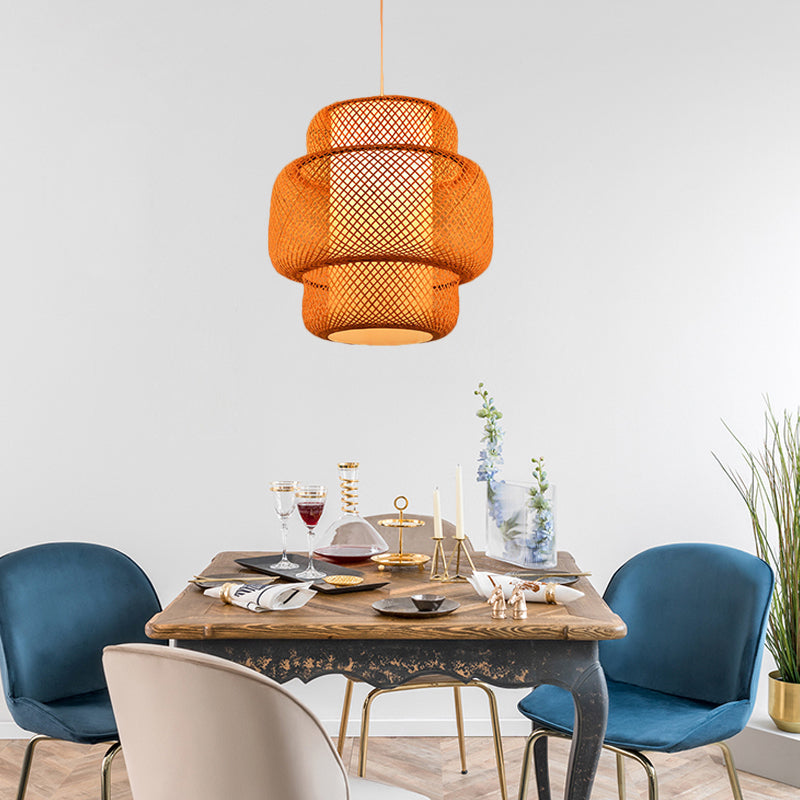 Lantern Shaped Hanging Light with Cross Woven Design Asian Bamboo 18"/19.5" W 1 Light Dining Room Suspension Lamp in Flaxen Flaxen Clearhalo 'Ceiling Lights' 'Modern Pendants' 'Modern' 'Pendant Lights' 'Pendants' Lighting' 181205