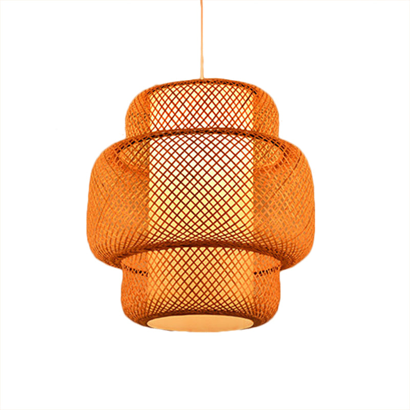 Lantern Shaped Hanging Light with Cross Woven Design Asian Bamboo 18"/19.5" W 1 Light Dining Room Suspension Lamp in Flaxen Clearhalo 'Ceiling Lights' 'Modern Pendants' 'Modern' 'Pendant Lights' 'Pendants' Lighting' 181208