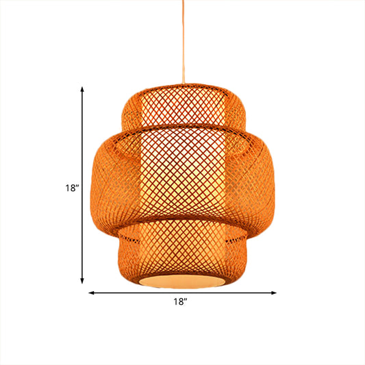 Lantern Shaped Hanging Light with Cross Woven Design Asian Bamboo 18"/19.5" W 1 Light Dining Room Suspension Lamp in Flaxen Clearhalo 'Ceiling Lights' 'Modern Pendants' 'Modern' 'Pendant Lights' 'Pendants' Lighting' 181209