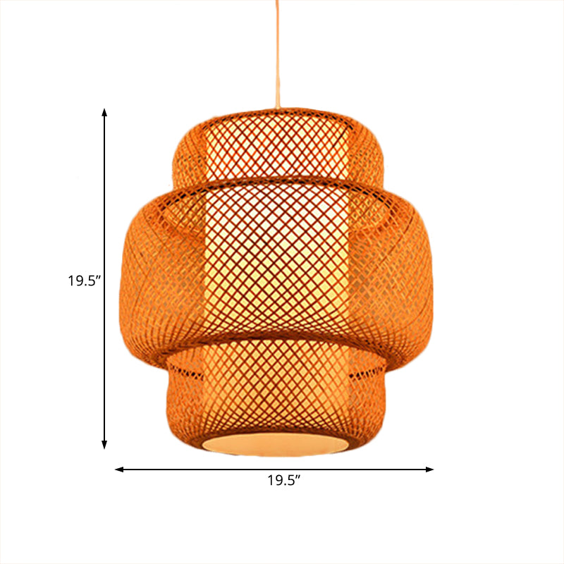 Lantern Shaped Hanging Light with Cross Woven Design Asian Bamboo 18"/19.5" W 1 Light Dining Room Suspension Lamp in Flaxen Clearhalo 'Ceiling Lights' 'Modern Pendants' 'Modern' 'Pendant Lights' 'Pendants' Lighting' 181210