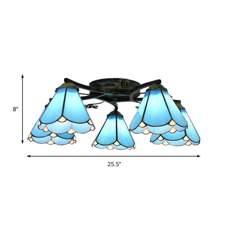 Blue Glass Cone Ceiling Light Tiffany Style 5/3 Lights Semi Flush Light with Flower for Living Room Clearhalo 'Ceiling Lights' 'Chandeliers' 'Close To Ceiling Lights' 'Close to ceiling' 'Glass shade' 'Glass' 'Semi-flushmount' 'Tiffany close to ceiling' 'Tiffany' Lighting' 181250