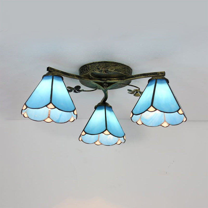 Blue Glass Cone Ceiling Light Tiffany Style 5/3 Lights Semi Flush Light with Flower for Living Room 3 Blue Clearhalo 'Ceiling Lights' 'Chandeliers' 'Close To Ceiling Lights' 'Close to ceiling' 'Glass shade' 'Glass' 'Semi-flushmount' 'Tiffany close to ceiling' 'Tiffany' Lighting' 181251