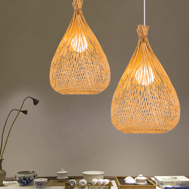 Beige Teardrop Shade Down Lighting Japanese Single Light Hand-Woven Bamboo Pendant Light for Restaurant Beige Clearhalo 'Ceiling Lights' 'Modern Pendants' 'Modern' 'Pendant Lights' 'Pendants' Lighting' 181386