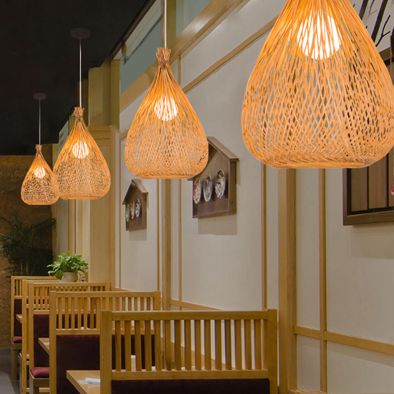 Beige Teardrop Shade Down Lighting Japanese Single Light Hand-Woven Bamboo Pendant Light for Restaurant Clearhalo 'Ceiling Lights' 'Modern Pendants' 'Modern' 'Pendant Lights' 'Pendants' Lighting' 181387