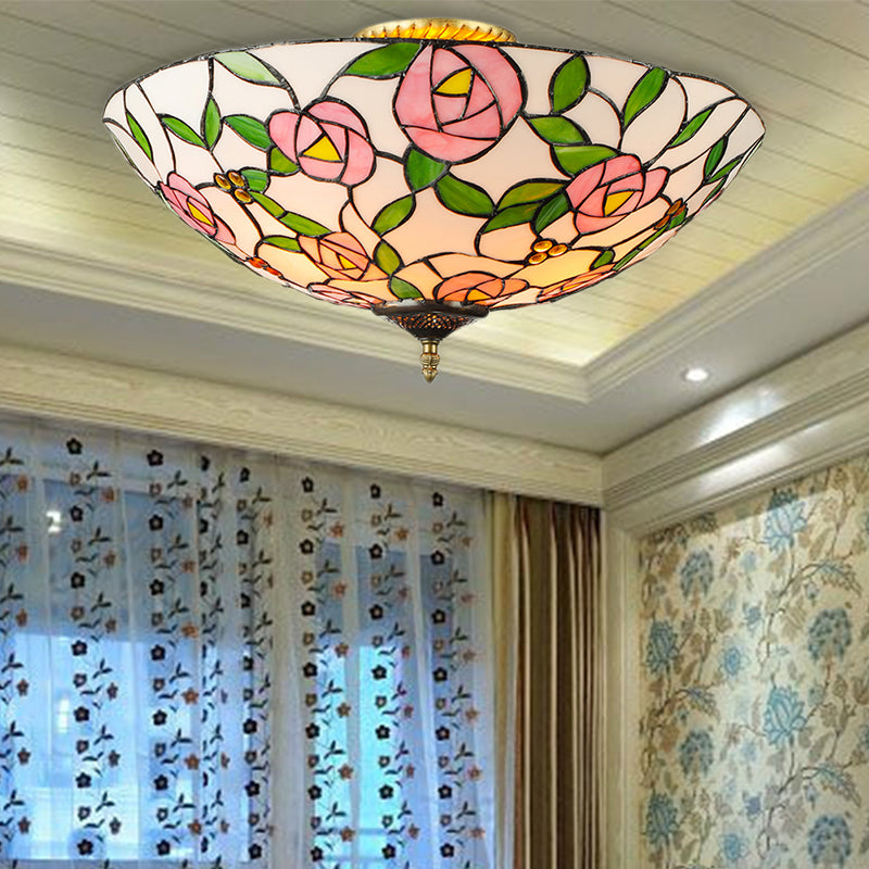 Pink and Green Bowl Flush Light with Rose Vintage Tiffany Stained Glass Flush Ceiling Light 5 Pink-Green Clearhalo 'Ceiling Lights' 'Close To Ceiling Lights' 'Close to ceiling' 'Flush mount' Lighting' 181437