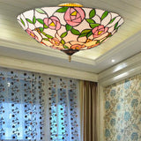 Pink and Green Bowl Flush Light with Rose Vintage Tiffany Stained Glass Flush Ceiling Light 5 Pink-Green Clearhalo 'Ceiling Lights' 'Close To Ceiling Lights' 'Close to ceiling' 'Flush mount' Lighting' 181437