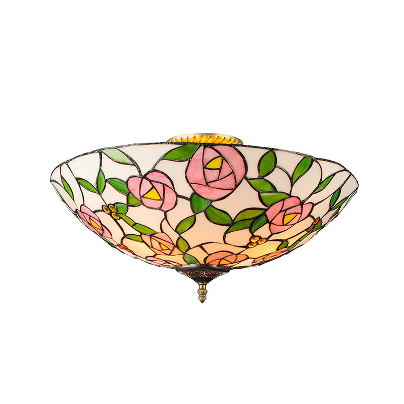 Pink and Green Bowl Flush Light with Rose Vintage Tiffany Stained Glass Flush Ceiling Light Clearhalo 'Ceiling Lights' 'Close To Ceiling Lights' 'Close to ceiling' 'Flush mount' Lighting' 181439