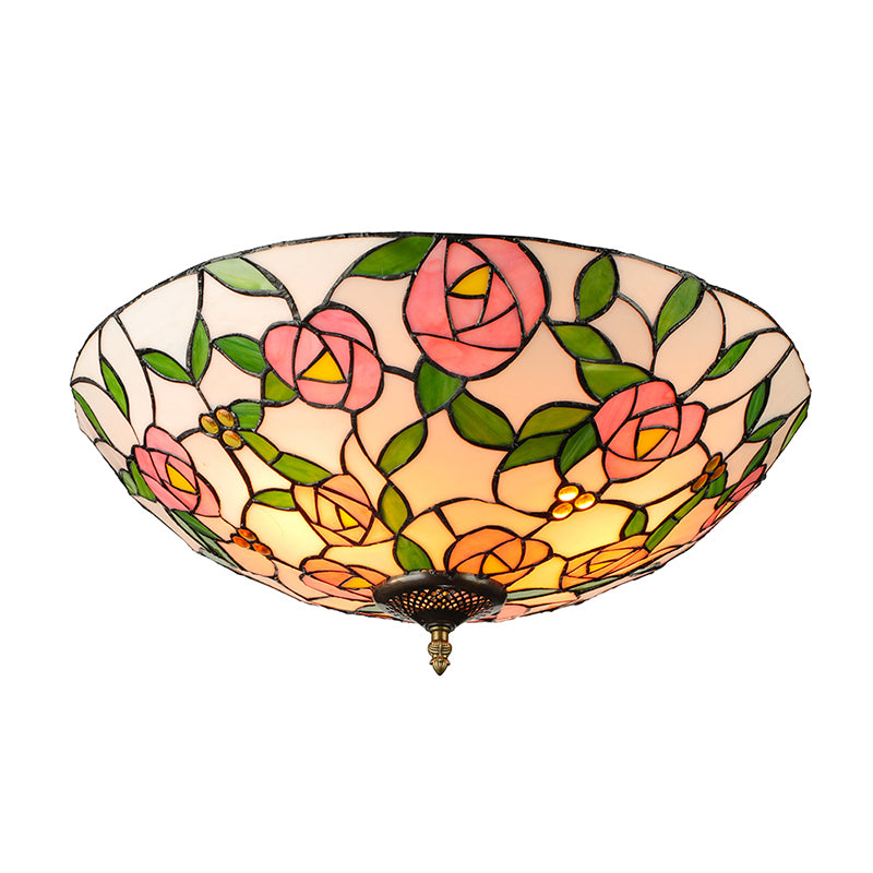 Pink and Green Bowl Flush Light with Rose Vintage Tiffany Stained Glass Flush Ceiling Light Clearhalo 'Ceiling Lights' 'Close To Ceiling Lights' 'Close to ceiling' 'Flush mount' Lighting' 181441