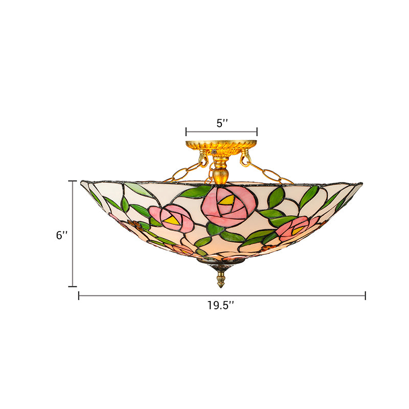 Pink and Green Bowl Flush Light with Rose Vintage Tiffany Stained Glass Flush Ceiling Light Clearhalo 'Ceiling Lights' 'Close To Ceiling Lights' 'Close to ceiling' 'Flush mount' Lighting' 181442