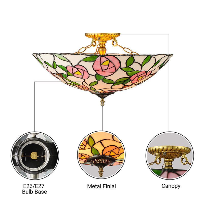 Pink and Green Bowl Flush Light with Rose Vintage Tiffany Stained Glass Flush Ceiling Light Clearhalo 'Ceiling Lights' 'Close To Ceiling Lights' 'Close to ceiling' 'Flush mount' Lighting' 181443