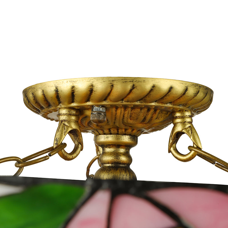 Pink and Green Bowl Flush Light with Rose Vintage Tiffany Stained Glass Flush Ceiling Light Clearhalo 'Ceiling Lights' 'Close To Ceiling Lights' 'Close to ceiling' 'Flush mount' Lighting' 181444