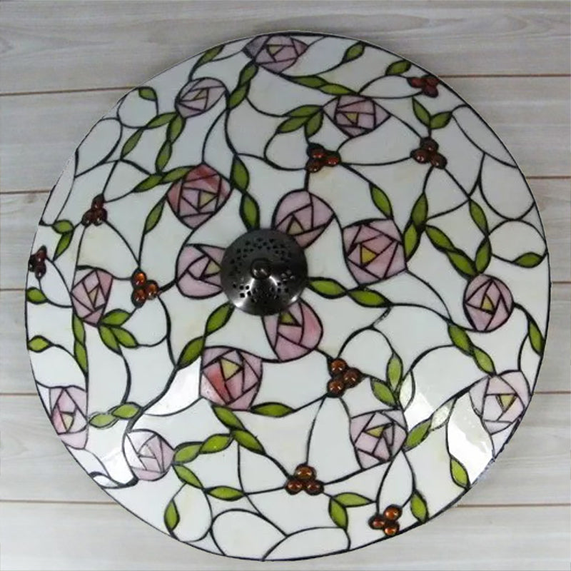 Pink and Green Bowl Flush Light with Rose Vintage Tiffany Stained Glass Flush Ceiling Light 2 Pink-Green Clearhalo 'Ceiling Lights' 'Close To Ceiling Lights' 'Close to ceiling' 'Flush mount' Lighting' 181445