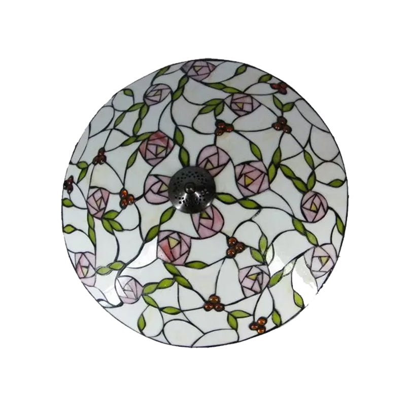 Pink and Green Bowl Flush Light with Rose Vintage Tiffany Stained Glass Flush Ceiling Light Clearhalo 'Ceiling Lights' 'Close To Ceiling Lights' 'Close to ceiling' 'Flush mount' Lighting' 181446