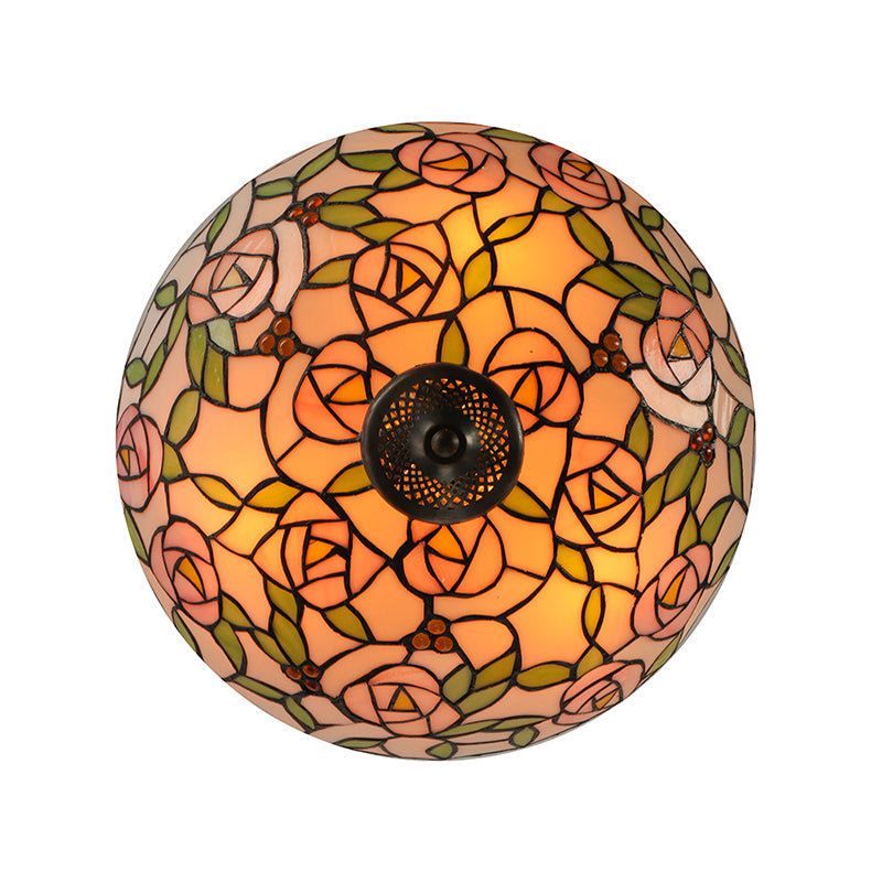 Pink and Green Bowl Flush Light with Rose Vintage Tiffany Stained Glass Flush Ceiling Light Clearhalo 'Ceiling Lights' 'Close To Ceiling Lights' 'Close to ceiling' 'Flush mount' Lighting' 181447