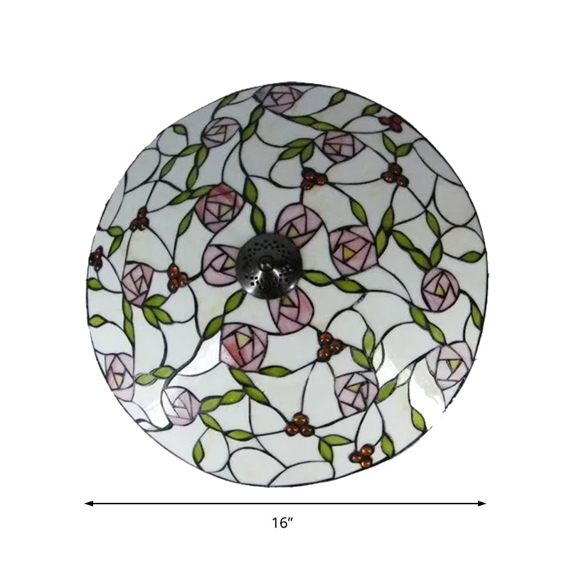 Pink and Green Bowl Flush Light with Rose Vintage Tiffany Stained Glass Flush Ceiling Light Clearhalo 'Ceiling Lights' 'Close To Ceiling Lights' 'Close to ceiling' 'Flush mount' Lighting' 181448