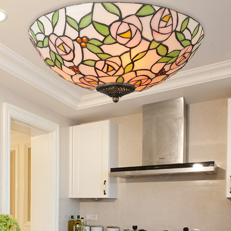 Pink and Green Bowl Flush Light with Rose Vintage Tiffany Stained Glass Flush Ceiling Light 3 Pink-Green Clearhalo 'Ceiling Lights' 'Close To Ceiling Lights' 'Close to ceiling' 'Flush mount' Lighting' 181449