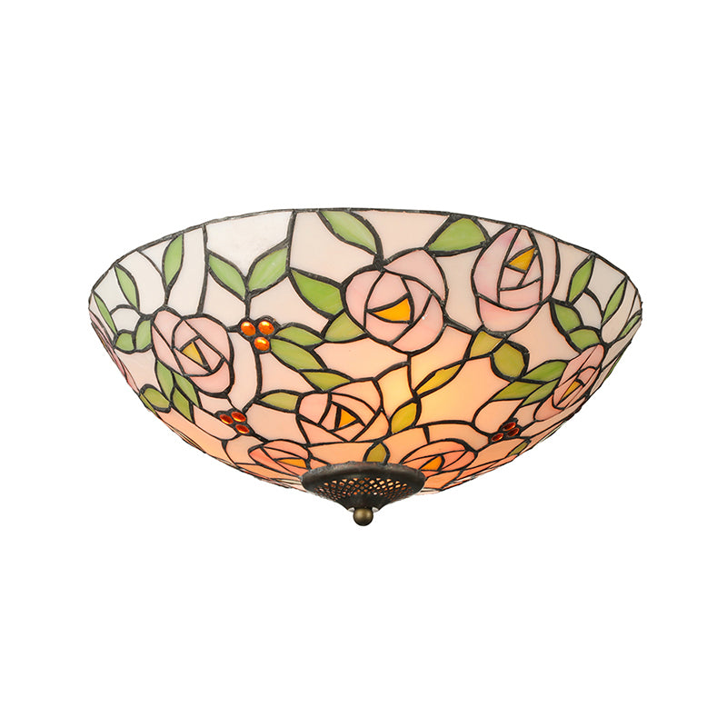 Pink and Green Bowl Flush Light with Rose Vintage Tiffany Stained Glass Flush Ceiling Light Clearhalo 'Ceiling Lights' 'Close To Ceiling Lights' 'Close to ceiling' 'Flush mount' Lighting' 181450