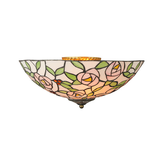 Pink and Green Bowl Flush Light with Rose Vintage Tiffany Stained Glass Flush Ceiling Light Clearhalo 'Ceiling Lights' 'Close To Ceiling Lights' 'Close to ceiling' 'Flush mount' Lighting' 181451