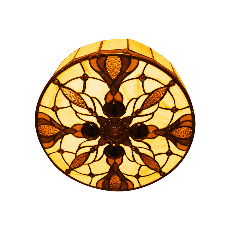 Circular Flushmount Light Vintage Stained Glass 2 Lights Ceiling Light with Peacock Tail Pattern in Beige Clearhalo 'Ceiling Lights' 'Close To Ceiling Lights' 'Close to ceiling' 'Flush mount' Lighting' 181485