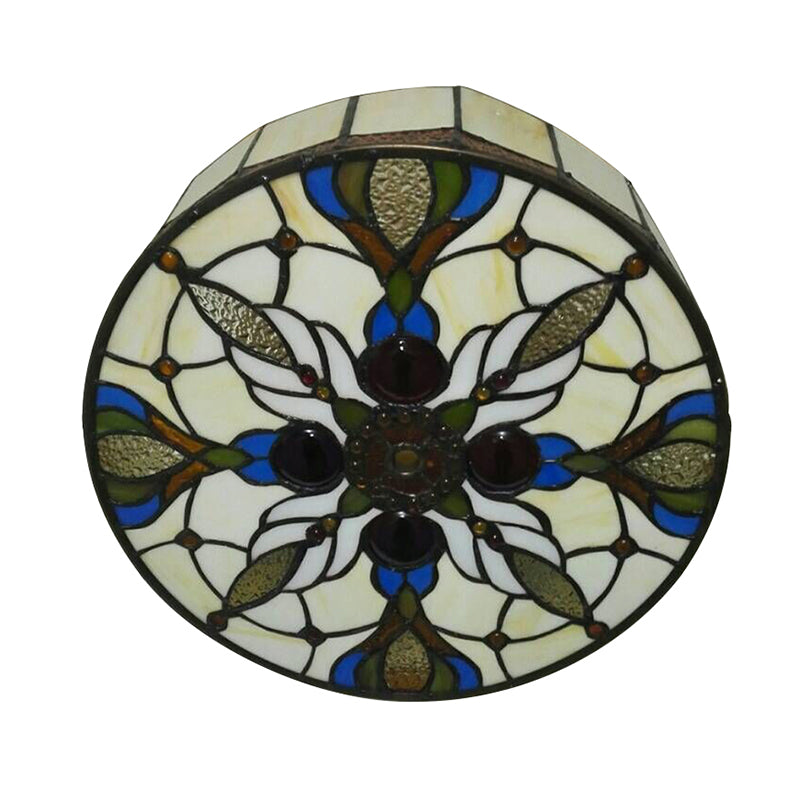 Circular Flushmount Light Vintage Stained Glass 2 Lights Ceiling Light with Peacock Tail Pattern in Beige Clearhalo 'Ceiling Lights' 'Close To Ceiling Lights' 'Close to ceiling' 'Flush mount' Lighting' 181486