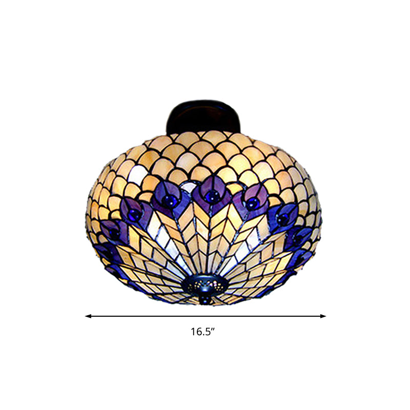 Peacock Pattern Semi Flush Light Vintage Stained Glass 3 Lights Ceiling Light for Bedroom Lighting Clearhalo 'Ceiling Lights' 'Close To Ceiling Lights' 'Close to ceiling' 'Glass shade' 'Glass' 'Semi-flushmount' 'Tiffany close to ceiling' 'Tiffany' Lighting' 181517