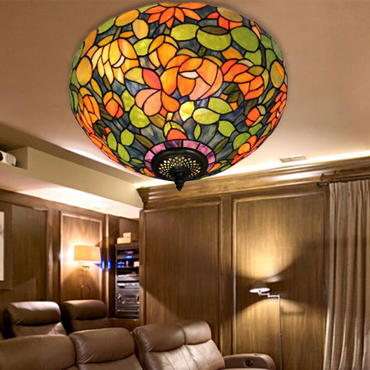 Multicolored Ceiling Light Retro Stained Glass 2 Heads Flower Pattern Flushmount Ceiling Light with Bowl Glass Shade Yellow-Green Clearhalo 'Ceiling Lights' 'Close To Ceiling Lights' 'Close to ceiling' 'Flush mount' Lighting' 181551