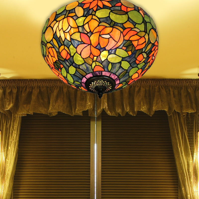 Multicolored Ceiling Light Retro Stained Glass 2 Heads Flower Pattern Flushmount Ceiling Light with Bowl Glass Shade Clearhalo 'Ceiling Lights' 'Close To Ceiling Lights' 'Close to ceiling' 'Flush mount' Lighting' 181552