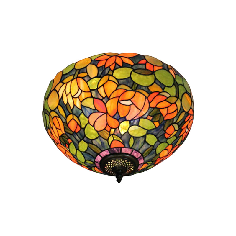 Multicolored Ceiling Light Retro Stained Glass 2 Heads Flower Pattern Flushmount Ceiling Light with Bowl Glass Shade Clearhalo 'Ceiling Lights' 'Close To Ceiling Lights' 'Close to ceiling' 'Flush mount' Lighting' 181553