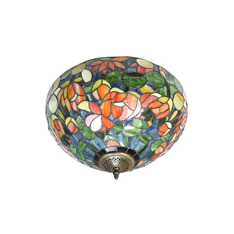 Multicolored Ceiling Light Retro Stained Glass 2 Heads Flower Pattern Flushmount Ceiling Light with Bowl Glass Shade Clearhalo 'Ceiling Lights' 'Close To Ceiling Lights' 'Close to ceiling' 'Flush mount' Lighting' 181554