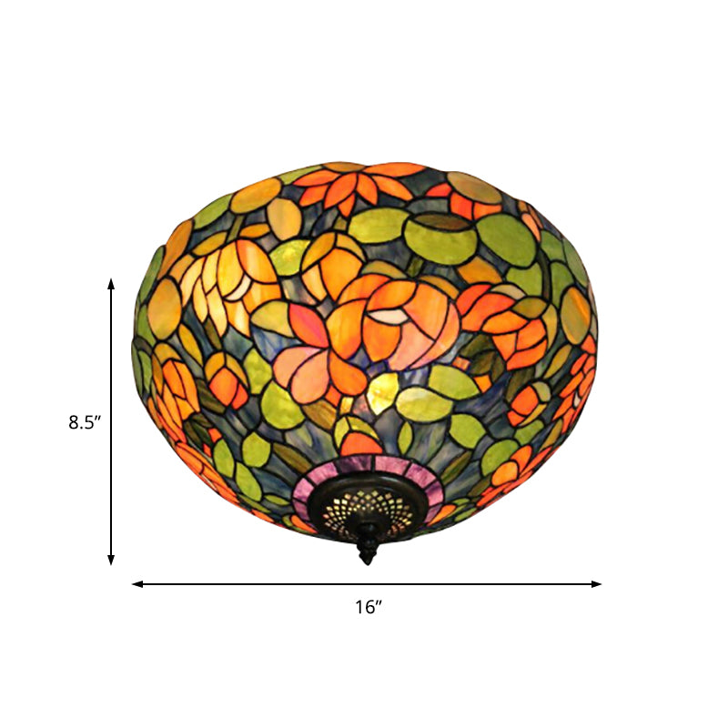 Multicolored Ceiling Light Retro Stained Glass 2 Heads Flower Pattern Flushmount Ceiling Light with Bowl Glass Shade Clearhalo 'Ceiling Lights' 'Close To Ceiling Lights' 'Close to ceiling' 'Flush mount' Lighting' 181555