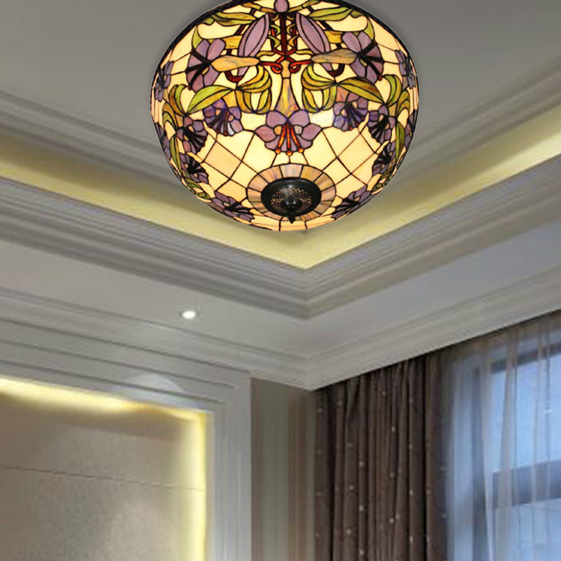 Purple Flushmount Ceiling Light Retro Style Stained Glass 2 Heads Flushmount Ceiling Light with Morning Glory Pattern Glass Shade Clearhalo 'Ceiling Lights' 'Close To Ceiling Lights' 'Close to ceiling' 'Flush mount' Lighting' 181569