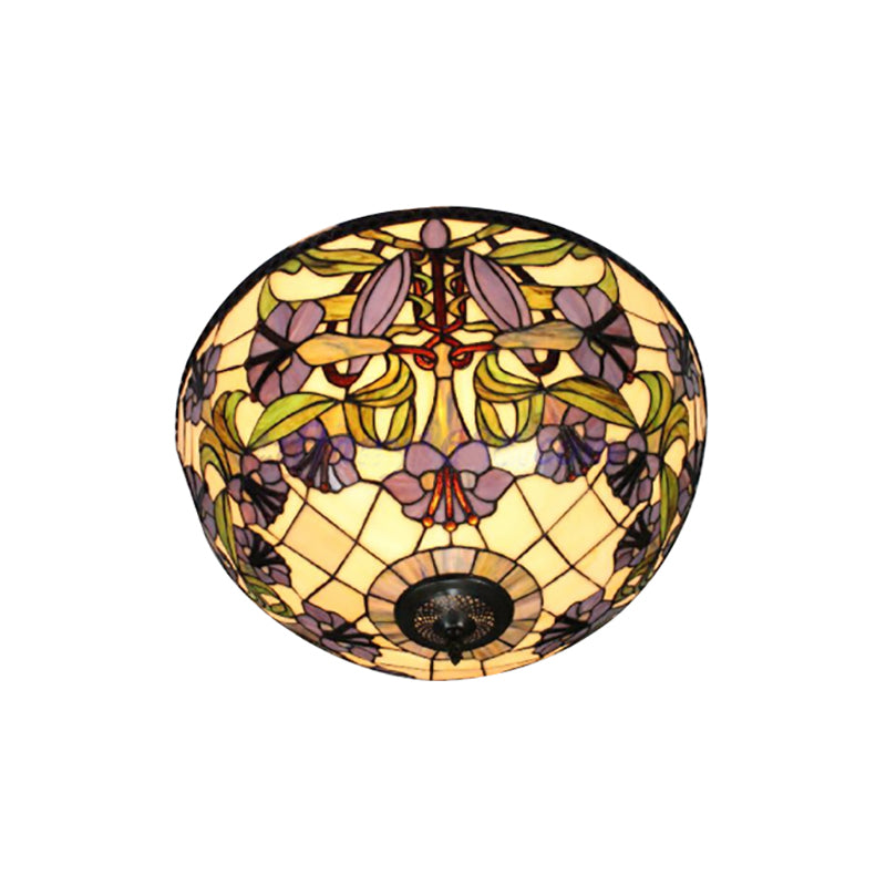 Purple Flushmount Ceiling Light Retro Style Stained Glass 2 Heads Flushmount Ceiling Light with Morning Glory Pattern Glass Shade Clearhalo 'Ceiling Lights' 'Close To Ceiling Lights' 'Close to ceiling' 'Flush mount' Lighting' 181570