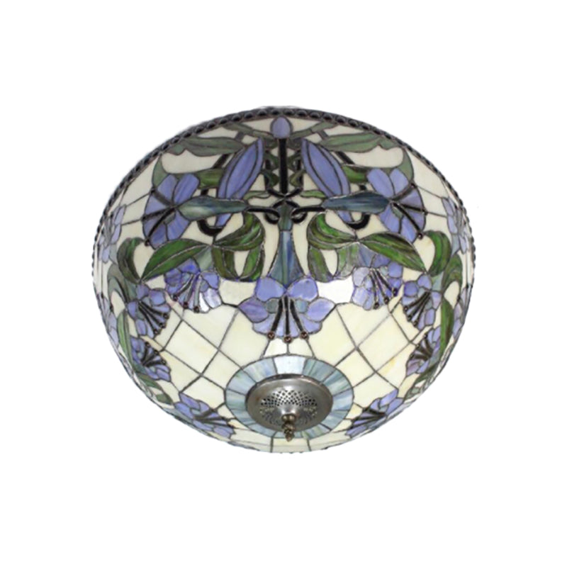 Purple Flushmount Ceiling Light Retro Style Stained Glass 2 Heads Flushmount Ceiling Light with Morning Glory Pattern Glass Shade Clearhalo 'Ceiling Lights' 'Close To Ceiling Lights' 'Close to ceiling' 'Flush mount' Lighting' 181571