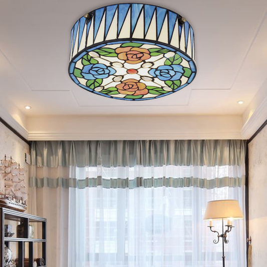 Rose Pattern Ceiling Light Fixture Lodge 1 Head Ceiling Light with Round Glass Lampshade in Blue Blue Clearhalo 'Ceiling Lights' 'Close To Ceiling Lights' 'Close to ceiling' 'Flush mount' Lighting' 181665