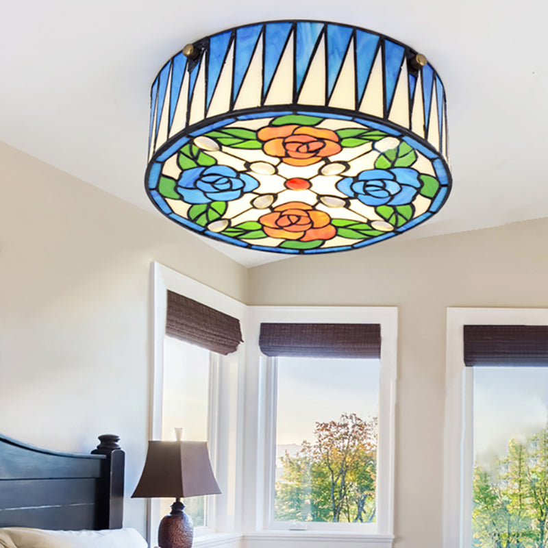 Rose Pattern Ceiling Light Fixture Lodge 1 Head Ceiling Light with Round Glass Lampshade in Blue Clearhalo 'Ceiling Lights' 'Close To Ceiling Lights' 'Close to ceiling' 'Flush mount' Lighting' 181666