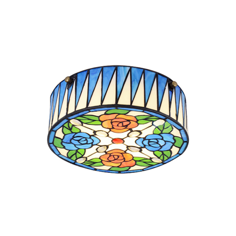 Rose Pattern Ceiling Light Fixture Lodge 1 Head Ceiling Light with Round Glass Lampshade in Blue Clearhalo 'Ceiling Lights' 'Close To Ceiling Lights' 'Close to ceiling' 'Flush mount' Lighting' 181667