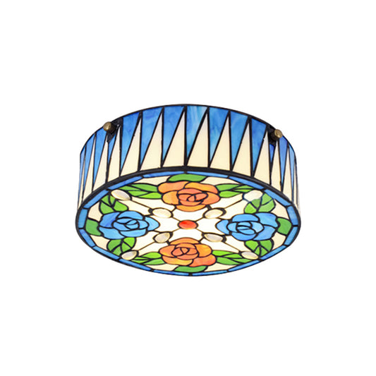 Rose Pattern Ceiling Light Fixture Lodge 1 Head Ceiling Light with Round Glass Lampshade in Blue Clearhalo 'Ceiling Lights' 'Close To Ceiling Lights' 'Close to ceiling' 'Flush mount' Lighting' 181667