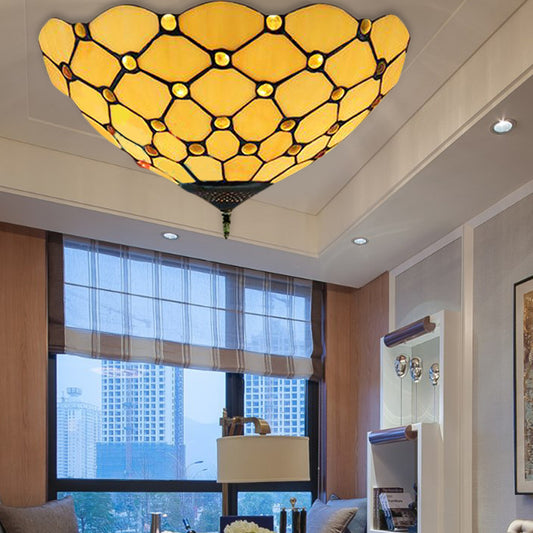 Bowl Shape Flush Mount Ceiling Light Tiffany Stained Glass 1 Head Flush Mount Ceiling Fixture in Yellow Yellow Clearhalo 'Ceiling Lights' 'Close To Ceiling Lights' 'Close to ceiling' 'Flush mount' Lighting' 181724