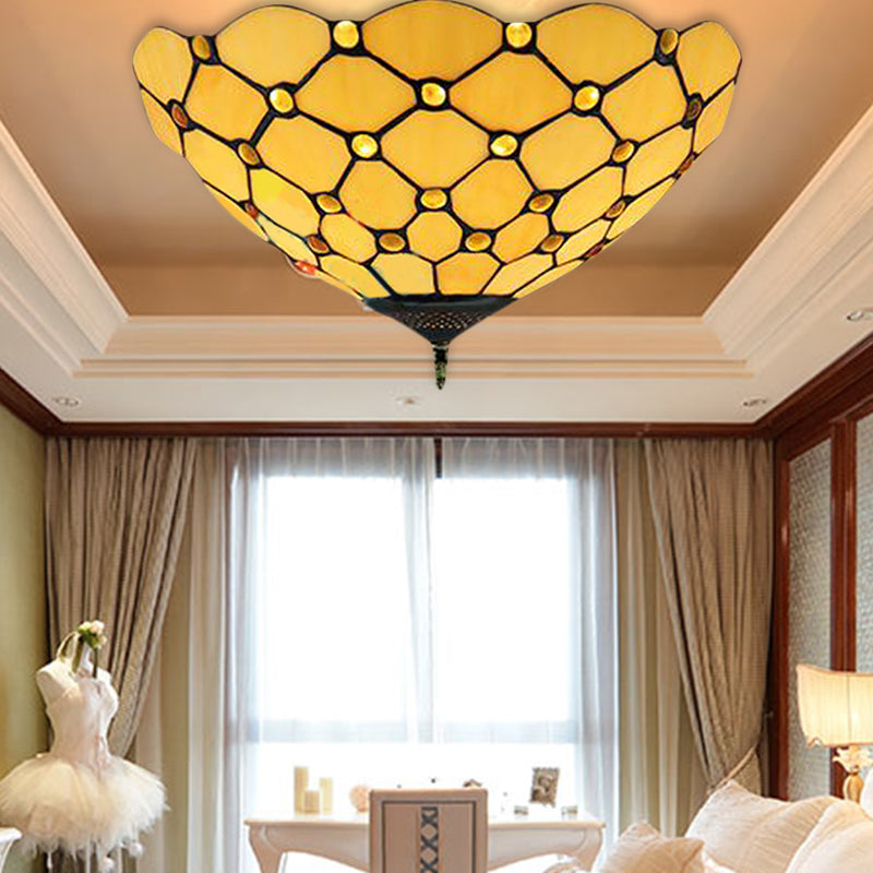 Bowl Shape Flush Mount Ceiling Light Tiffany Stained Glass 1 Head Flush Mount Ceiling Fixture in Yellow Clearhalo 'Ceiling Lights' 'Close To Ceiling Lights' 'Close to ceiling' 'Flush mount' Lighting' 181725